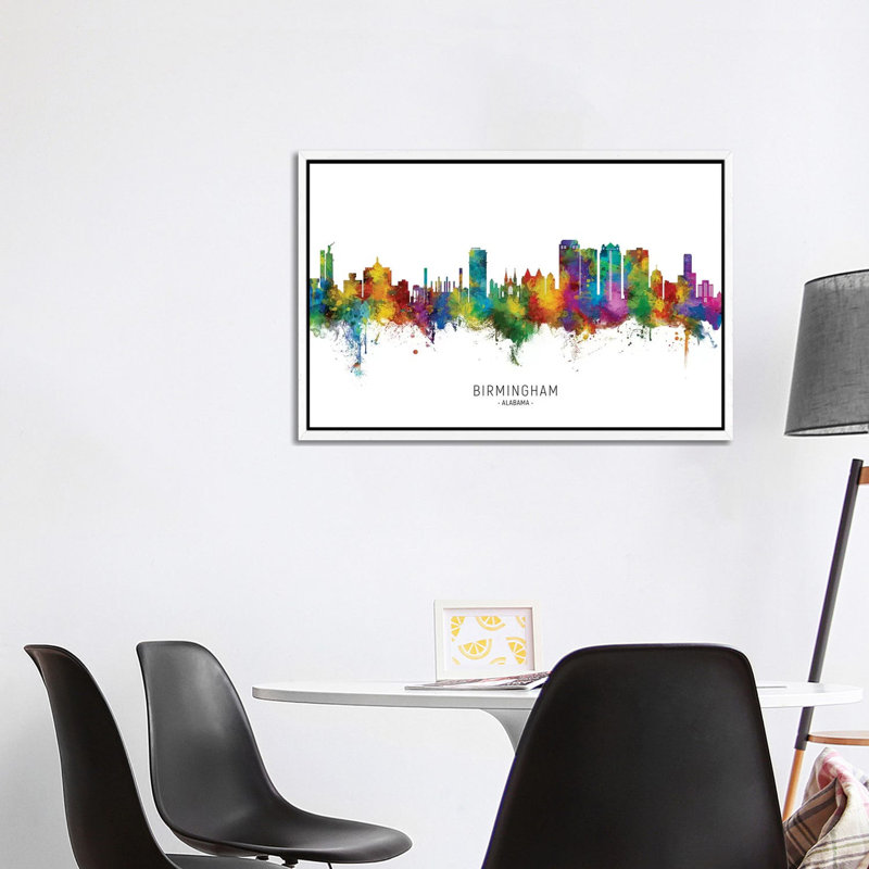 Birmingham Alabama Skyline City Name by Michael Tompsett - Print on Canvas, White Floater Framed