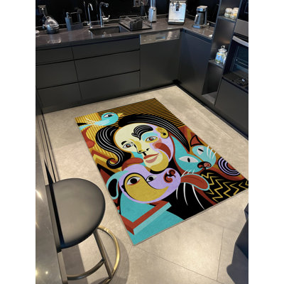 Tapis décoratif multicolore à motif de portrait de femme et de chat