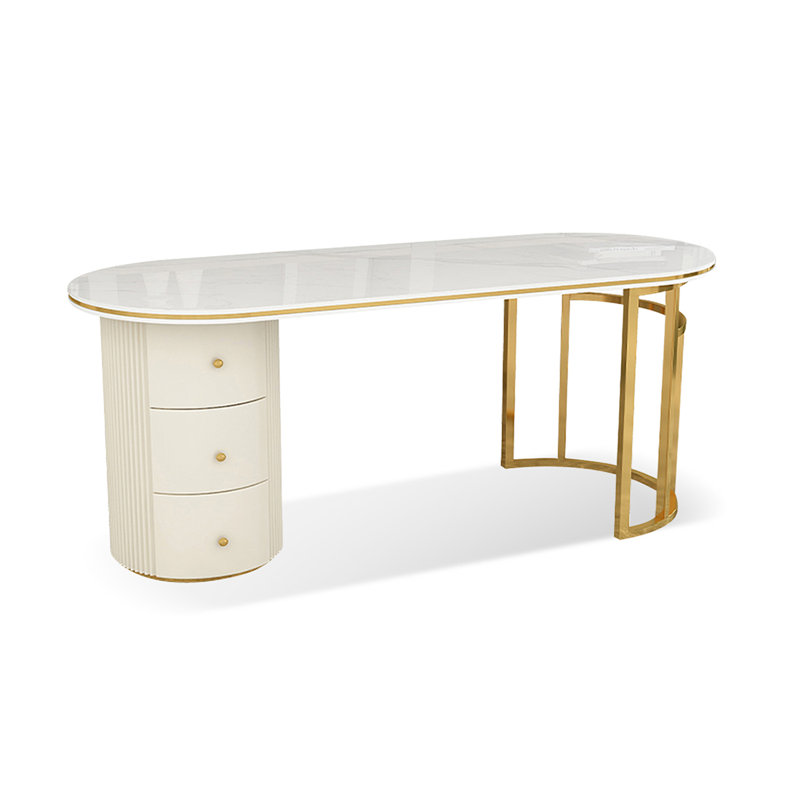 Bureau de direction avec tiroirs White and Gold, H 29,53 po x l 70,87 po x P 27,56 po, Doré