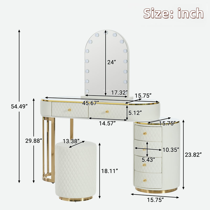 Meuble-lavabo moderne avec miroir à DEL 3 couleurs, tabouret, armoire latérale mobile et 6 tiroirs en cuir PU