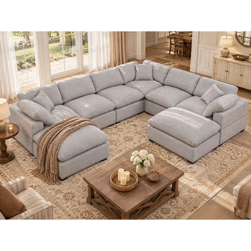 Canapé modulaire réversible en chenille de 143,2 po de largeur Worthland (8 pièces), Chenille gris pâle