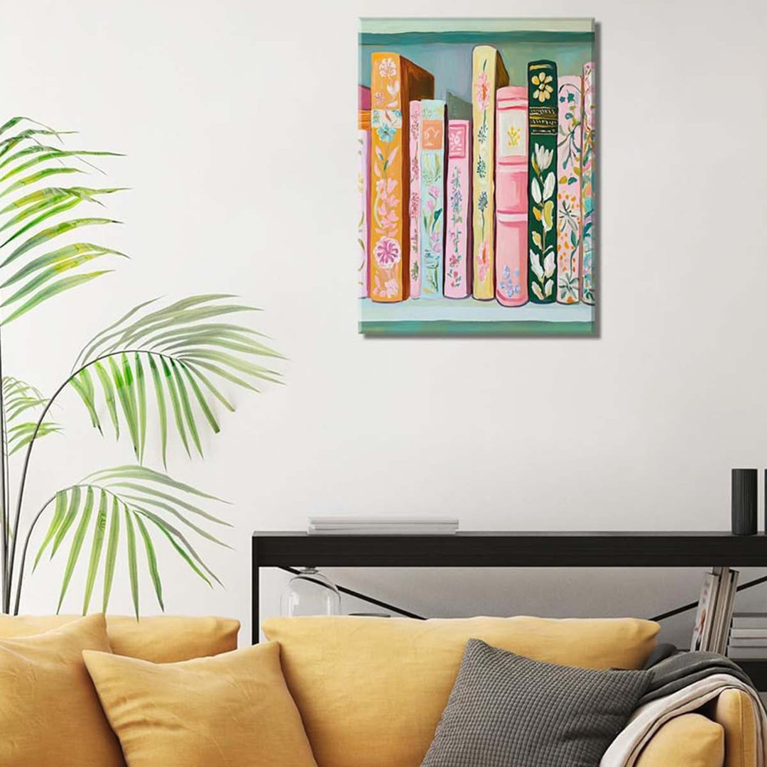 40*30,Wall Art Vintage Flower Books Canvas Wall Decor Pastel Bookshelf Artwork.