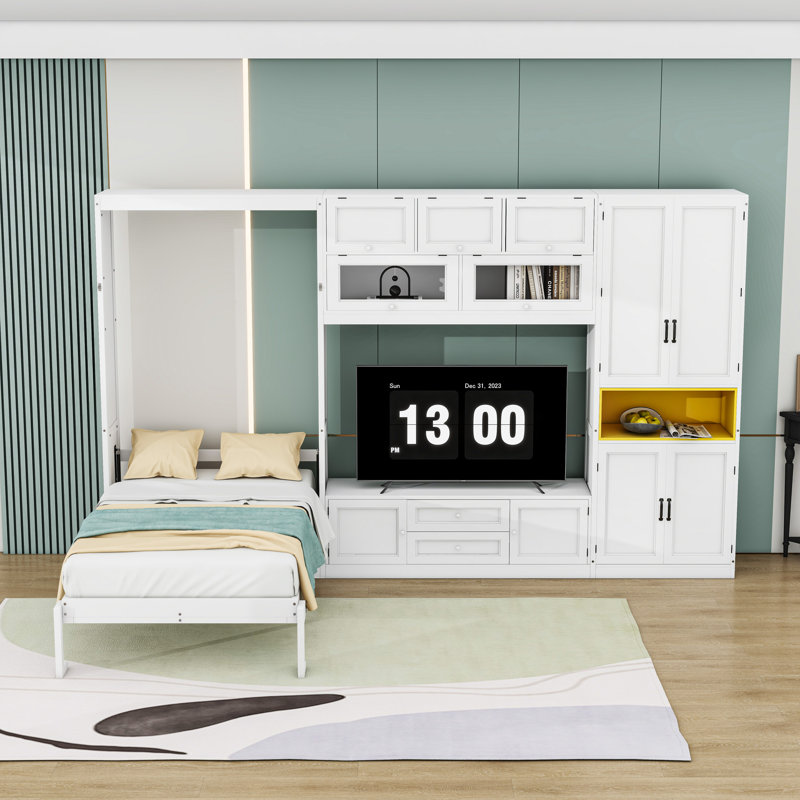 Lit escamotable simple avec meuble télé intégré et généreux tiroirs et tablettes de rangement, Blanc
