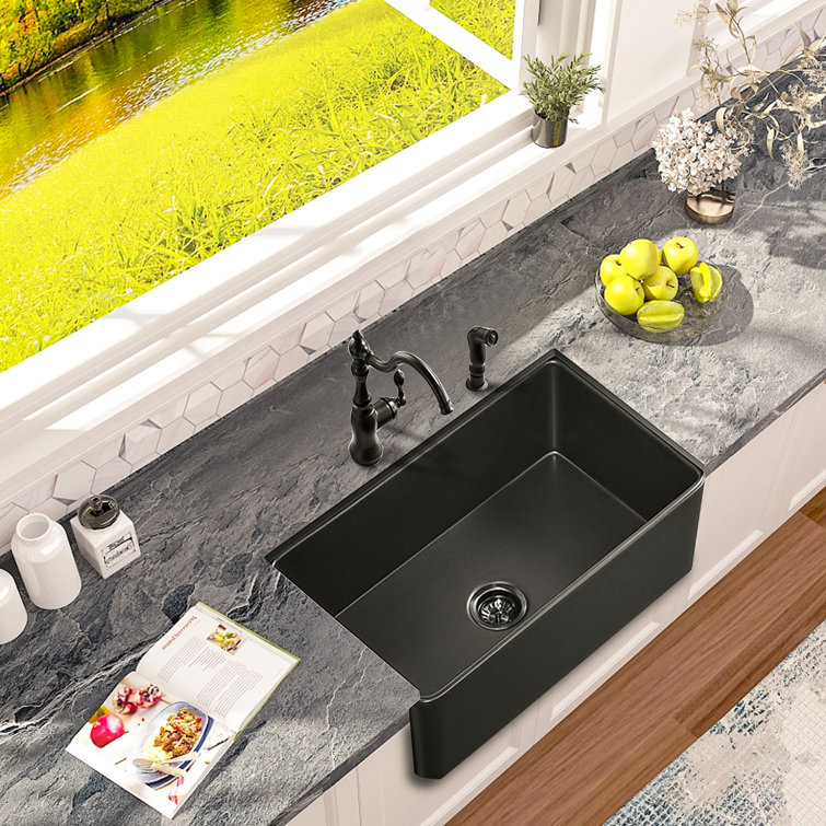 Matte Black Fireclay 33 in. Single Bowl Farmhouse Apron Workstation Kitchen  Sink with Bottom Grid and Strainer