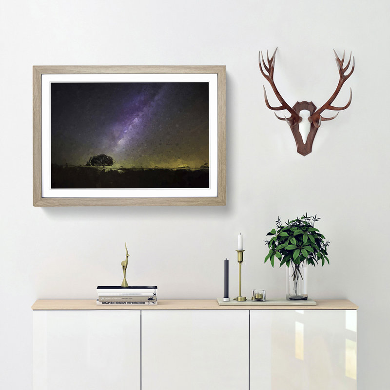 Tree Beneath the Milky Way in Abstract - Picture Frame Graphic Art Print, Oak, 35cm H x 50cm W x 2cm D