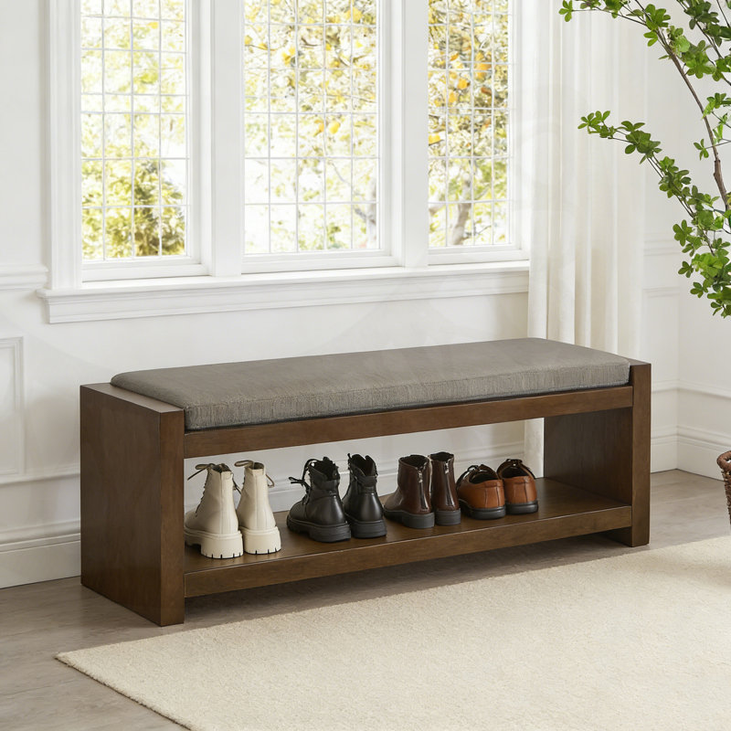 47-Inch Accent Bench With Lower Shelf Storage And Removable Cushion For Entryway, Bedroom, Or Living Room Seating., Granite
