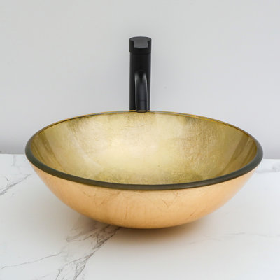 16.5" Glass Circular Vessel Bathroom Sink with Pop-Up Drain and Faucet
