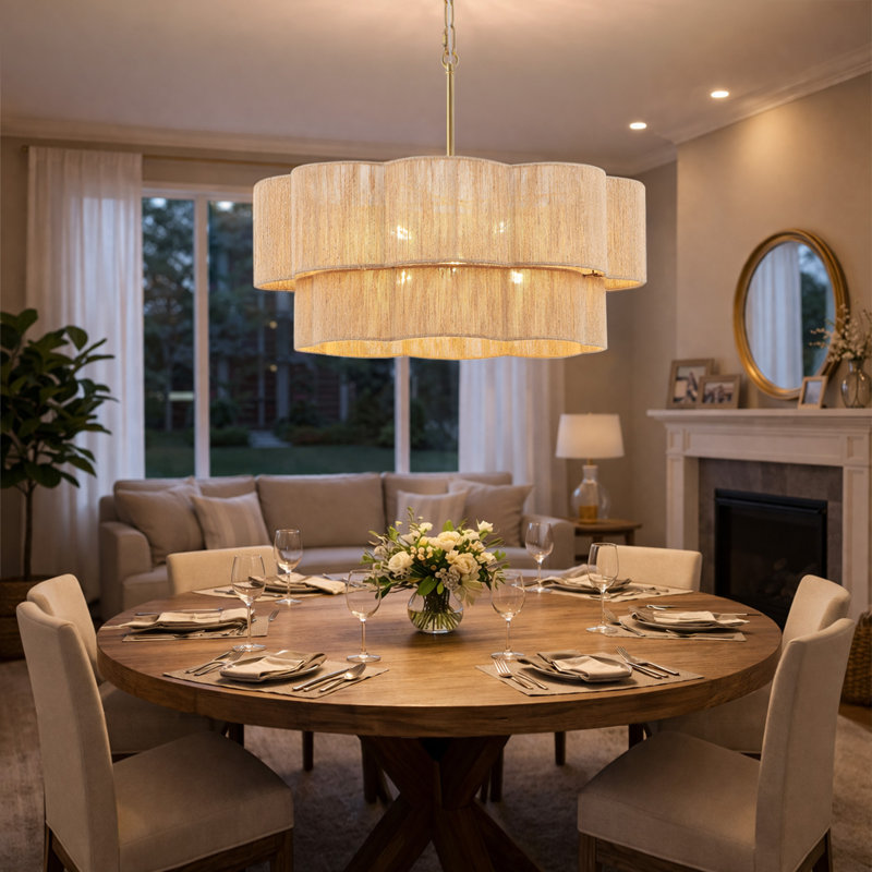 23.2" 6-Light Scalloped Rope Drum Chandelier, Gold, Brown
