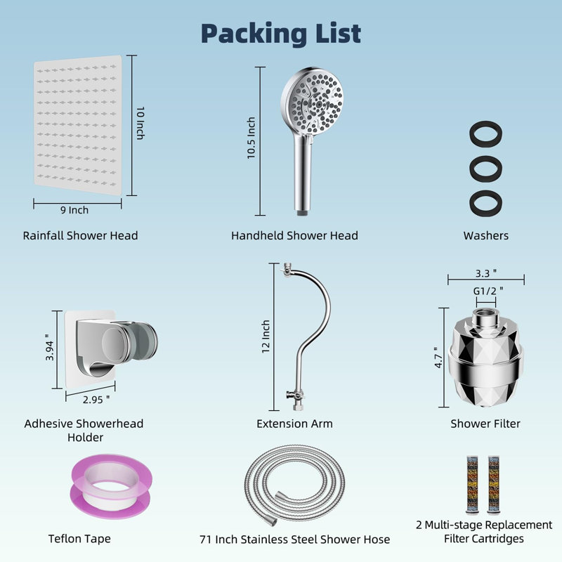 10'' Filtered Rainfall Shower Head Combo, High Pressure, 12'' Adjustable Curved Extension Arm, 20 Stage Shower Filter, 10-Spray, 71'' Hose