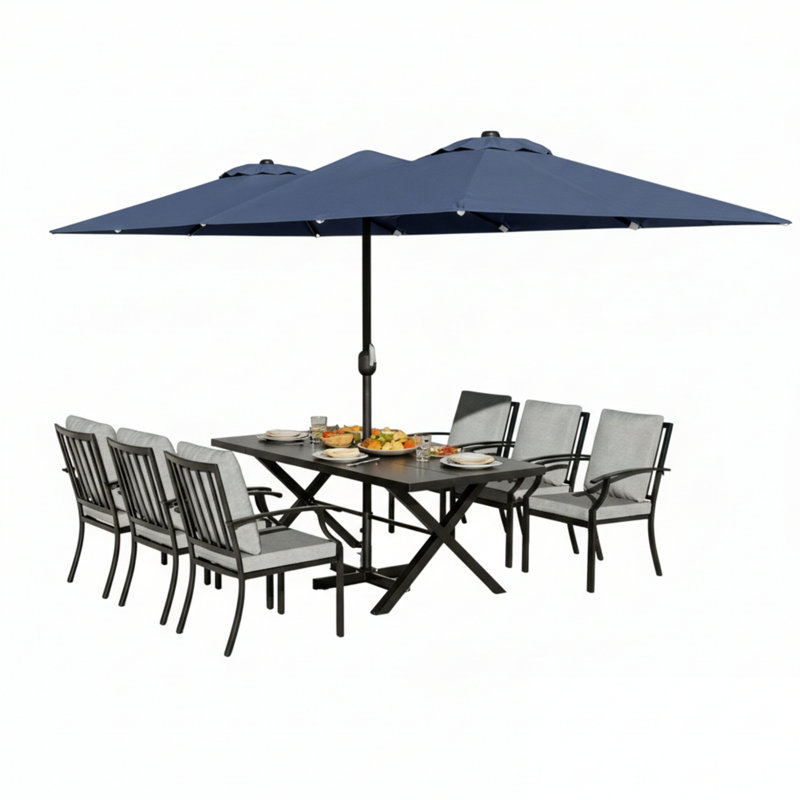 6-Person Patio Dining Set Powder Coated Steel Stackable Ergonomics Dining Armchairs Rectangular Table Umbrellas, Navy, Gray