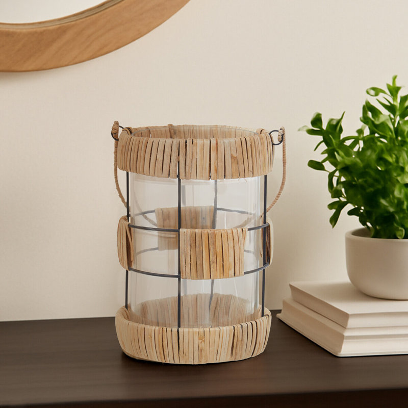 Wicker Tabletop Lantern, Natural, 21cm H x 14cm W x 16cm D