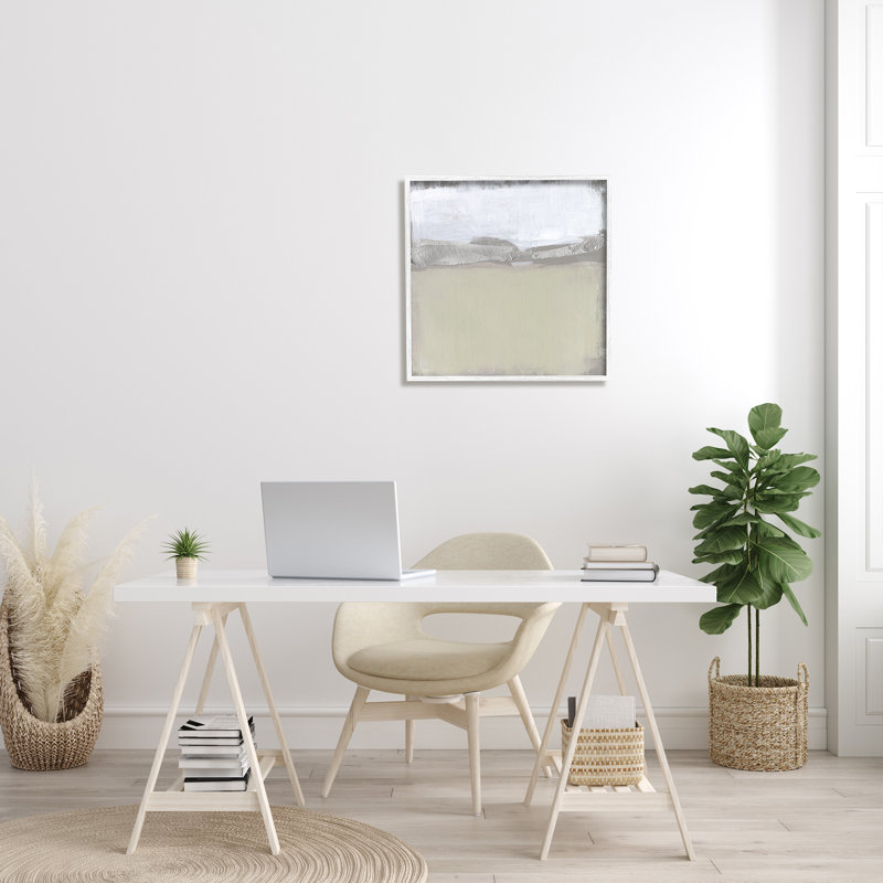 Art texturé sur toile tendue à l'horizontale avec ruban argenté abstrait et horizon neutre par Jennifer Goldberger