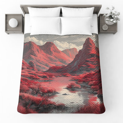 Red Mountain Landscape Quilted Bedspread All Sizes