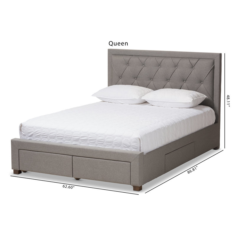 Gray Queen Upholstered Platform Storage Bed with Tufted Headboard