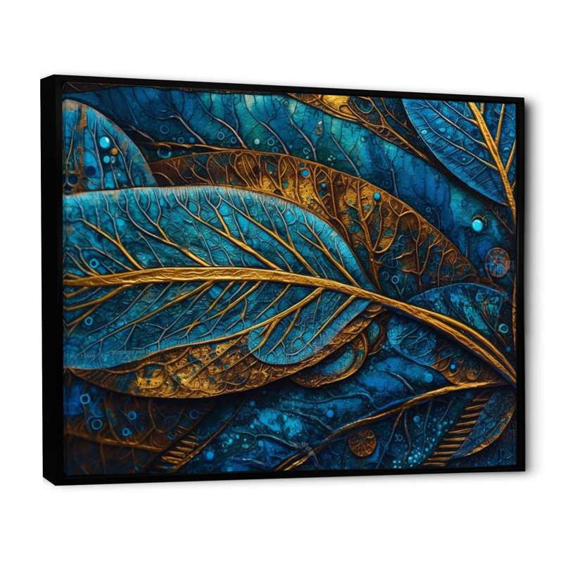 Kalypso, bleu et or, mélodie de Boho I - art mural plume Boho, H 12 po x l 20 po x P 1 po, Cadre flottant noir