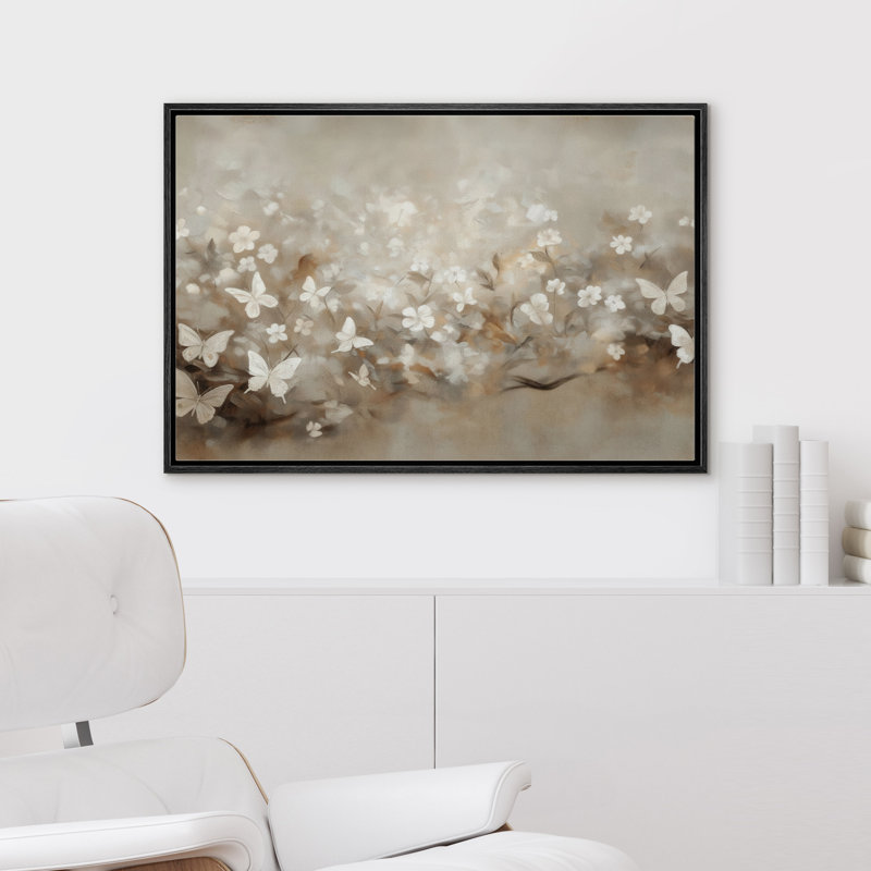 «Neutre papillon blanc prairie et champ floral», reproduction d'art sur toile encadrée, H 16 po x l 24 po x P 1,5 po, 1, Noir
