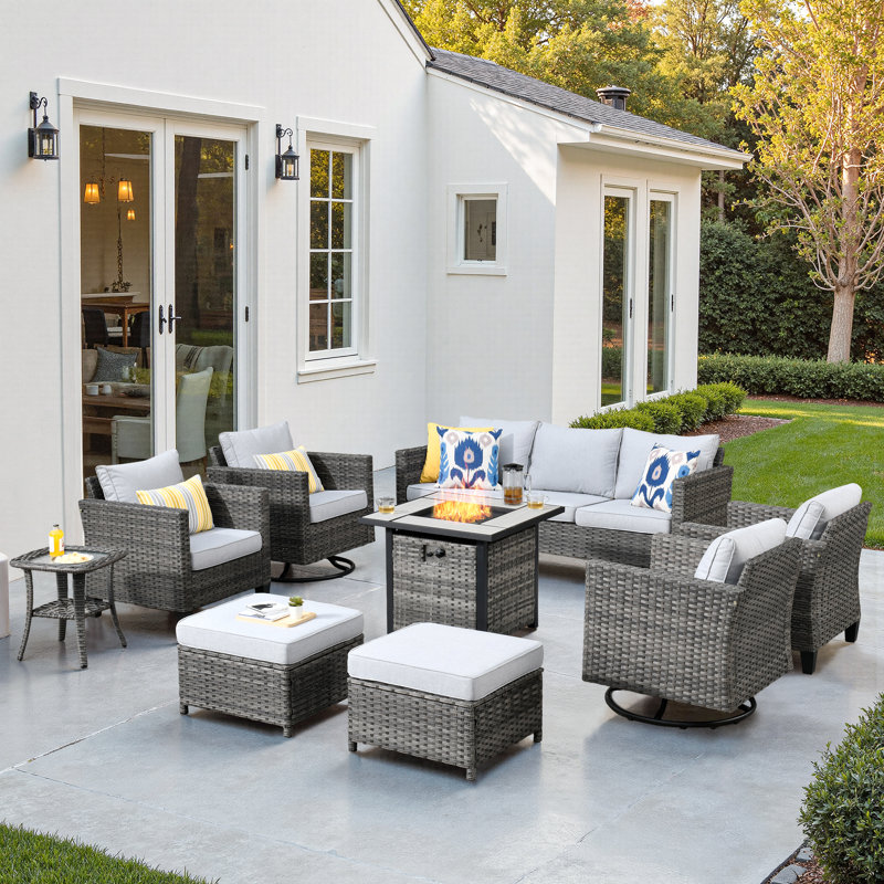 Harbin 7-Person Wicker/Rattan Patio Conversation Set With Cushions With Fire Pit, Gray