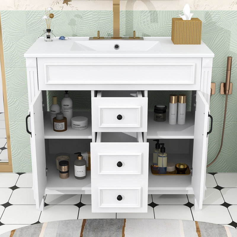 Ensemble de meuble-lavabo simple autoportant avec lavabo et rangement Elliesha, Blanc