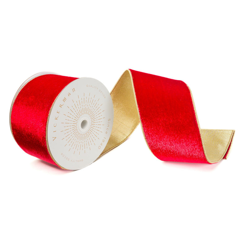 Vickerman 10 Yds Shiny Velvet with Gold Trim/Backing Ribbon., Red, 0.2" H x 360" W x 4" D