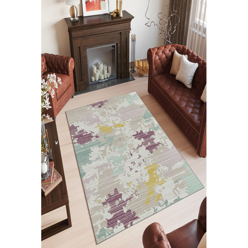 Tapis élégant (5,2 x 7,5 pi), beige, mauve, vison et jaune | 100% polyester, 650 g / m² | Pois antibactérien, écologique et antidérapant en PVC | Lavable à la machine, parfait pour la décoration intérieure et le confort