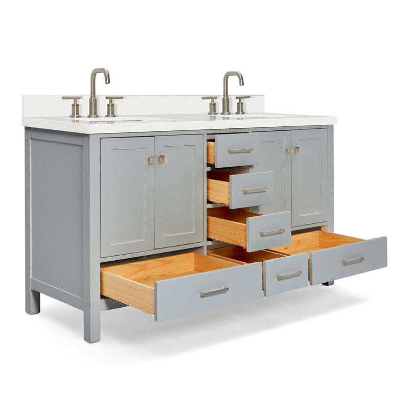  Ensemble de meuble-lavabo double 61 ", Gris / Nickel brossé, Rectangular
