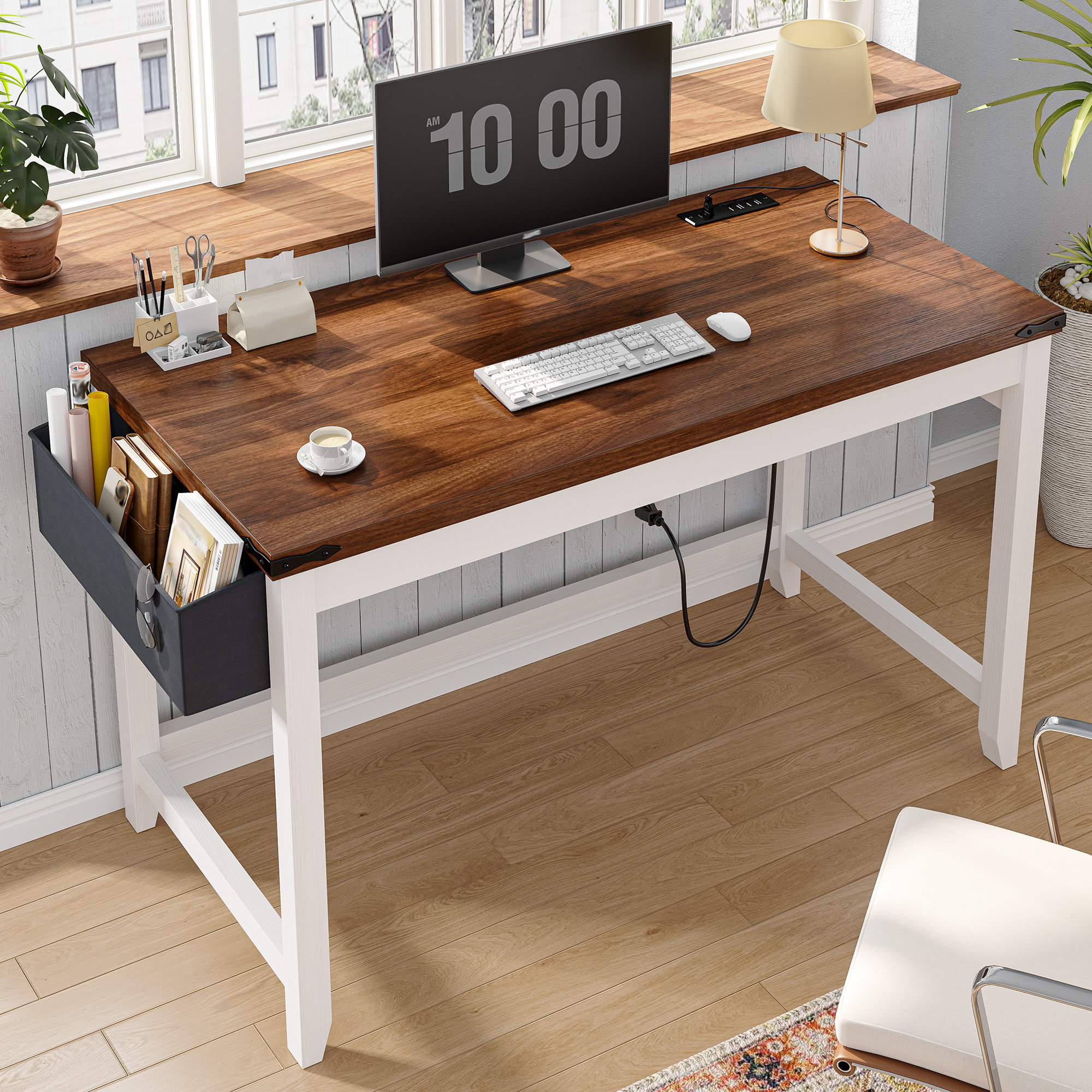 Ebern Designs Small Computer Desk With Power Outlet, Home Office Desk For Bedroom, Writing Desk With Storage Bag | Wayfair