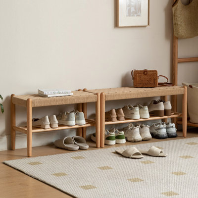 Solid Oak Assembled Shoe Bench with Shelf
