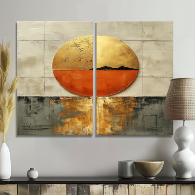 Coucher de soleil japonais doré sur lac - grand art mural japonais 2 pièces