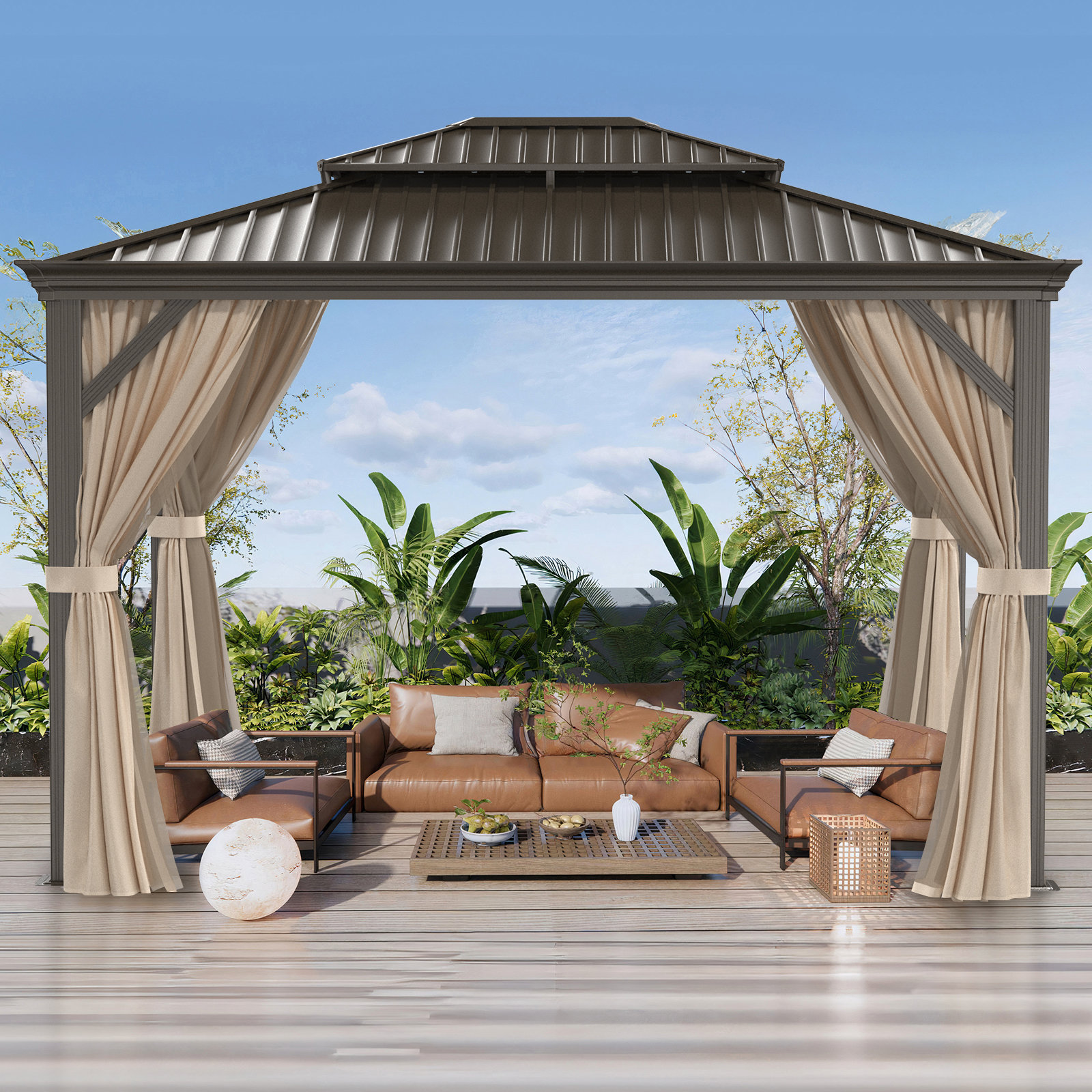 Outopee Double-Top 12 Ft. W x 10 Ft. D Hardtop Patio Gazebo with Polyester Curtains and Nettings ...