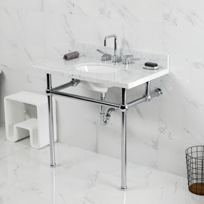 Lavabo console en marbre Carrara de 36 pouces avec pieds en laiton Kingston Templeton (8 pouces, 3 trous)