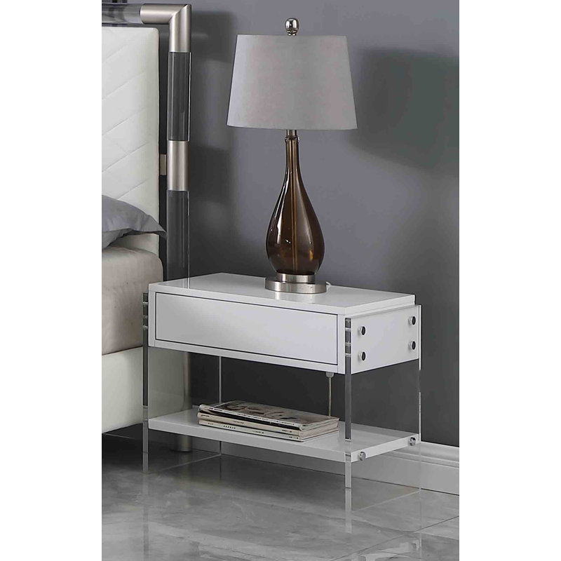 White Acrylic Nightstand with Drawer and Shelf