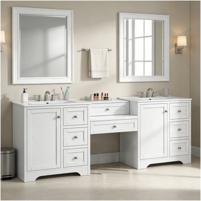 84" Double-Sink Bathroom Vanity, 2 Ceramic Sinks And A Engineered Stone Countertop, Large Storage Bathroom Vanity With Silver Metal Knobs And 6 Drawers, Soft Closing Design, White