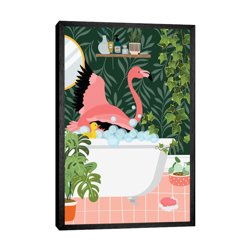 Flamingo Taking A Bath In Botanical Bathroom by Jania Sharipzhanova - Floater Frame Gallery-Wrapped Canvas Giclée on Canvas