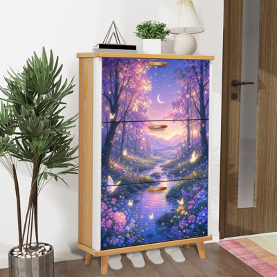 Armoire de rangement pour chaussures avec 3 tiroirs rabattables pour organisateur de rangement pour chaussures Magical Twilight Forest Stream Glowing Butterflies Crescent Moon