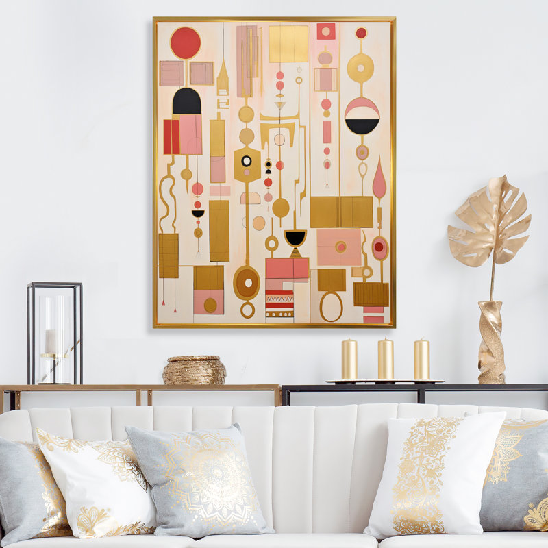 Illustration géométrique rétro en or rétro sur toile, Cadre flottant doré, 32" H x 24" W