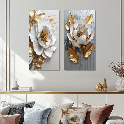 Fleur de pivoine blanche et marbre doré I - ensemble d'art mural en métal pour le jardin - imprimé sur métal