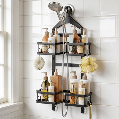 Adjustable Hanging Shower Caddy for Handheld Shower Heads, Rustproof Bathroom Shelf Organizer Over Showerhead Storage Rack with 8 Hooks, Easy-Clean Removable Baskets & Triple Anti-Slip Fixing, (Black)