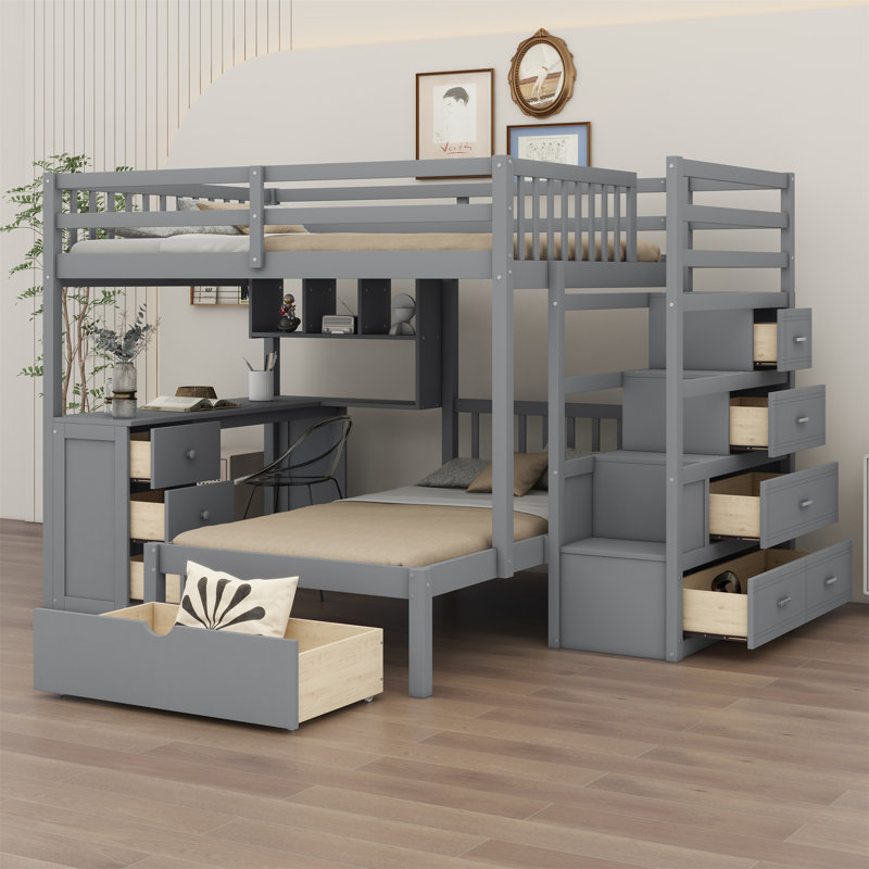 Jennis Kids Full Over Twin Bunk Bed with Drawers, Gray