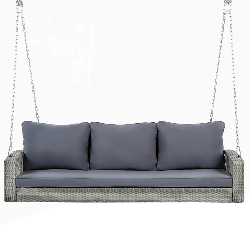 PE Wicker 3-Person Porch Swing Large Patio Swing Bench with Cushions for Backyard, Gray