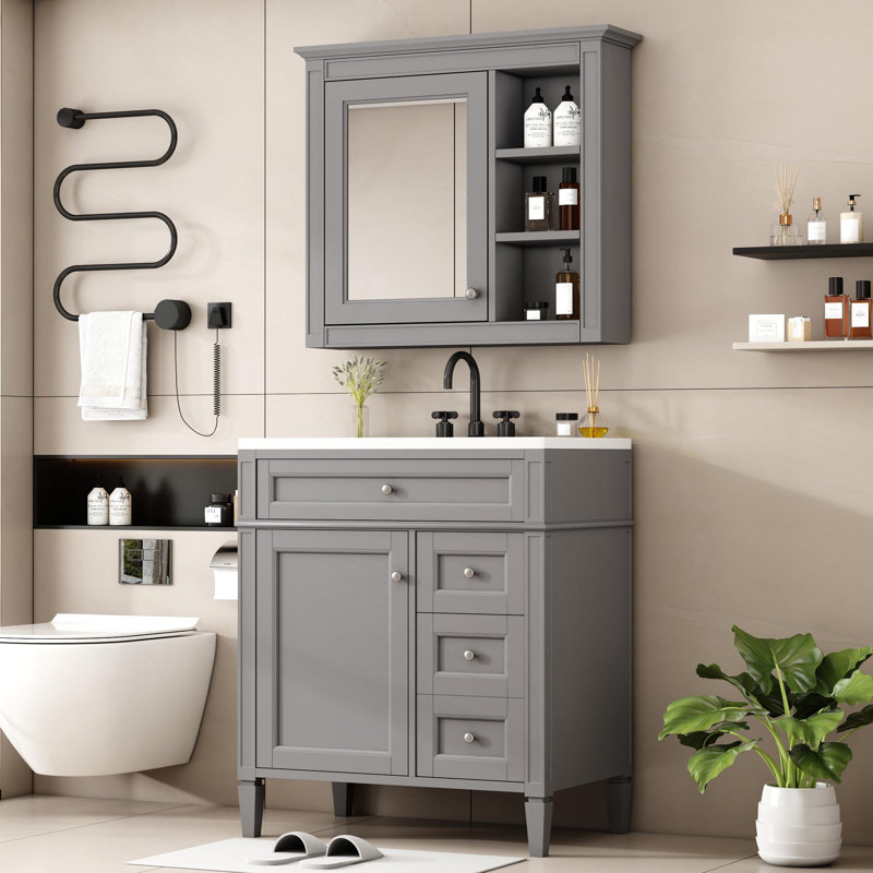 Meuble-lavabo autoportant de 30 po avec lavabo, Gris, Argent argent