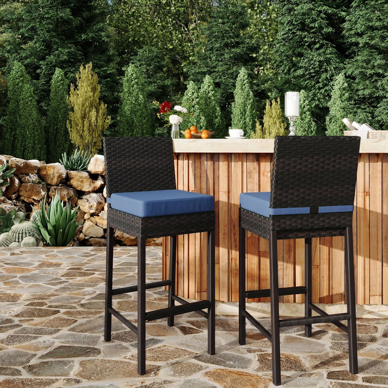 Ensemble de 4 tabourets de bar en osier de patio avec coussins, ensemble de 4 tabourets de bar en osier d'extérieur, ensemble de tabourets de bar en rotin