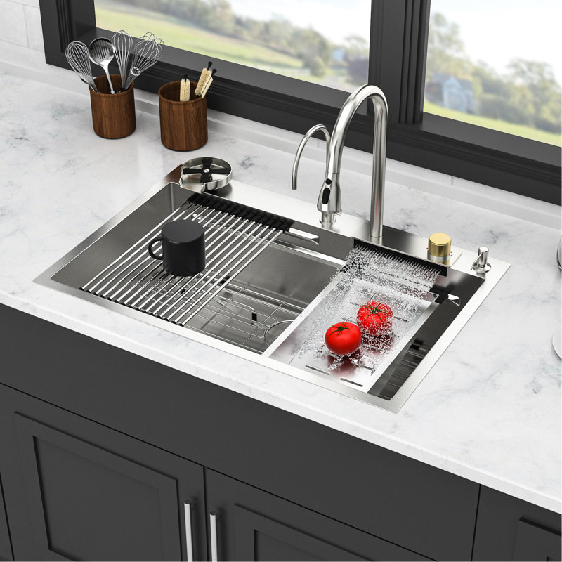 33*22 Inch 16 Gauge Stainless Steel Ledge Workstation Kitchen Sink With Pull-Out Faucet And Cup Washer, T304 For Strength, Waterfall Design 3 Water Modes, X-Shaped Guide Drainage, Double Track Board
