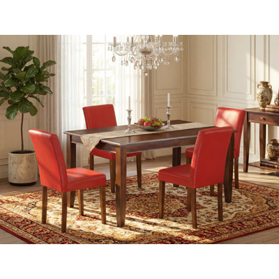 5 Piece Dinette Set for 4 Includes a Rectangle Dining Table and 4 Firebrick Red Faux Leather Parson Dining Room Chairs, Mahogany