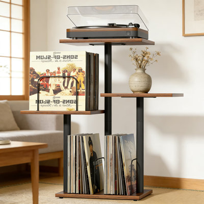 Record Player Stand With Vinyl Storage And Plant Shelf - 3-In-1 Mid Century Modern Turntable Table With Dual-Zone Album Organizer For Small Spaces, Solid Wood And Metal Construction