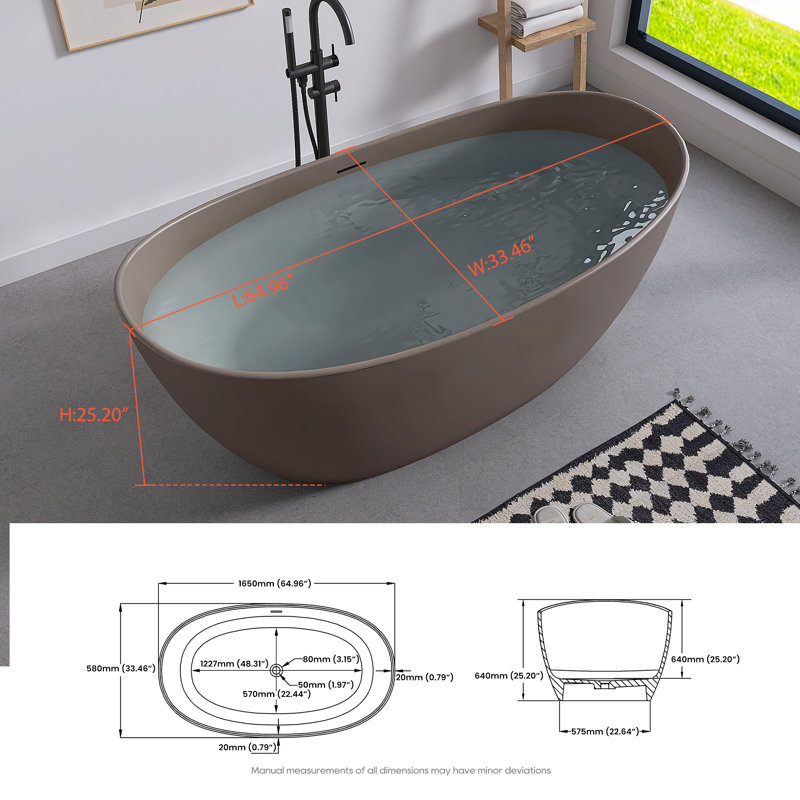 65'' x 33'' Soaking Solid Surface Bathtub, Mocha