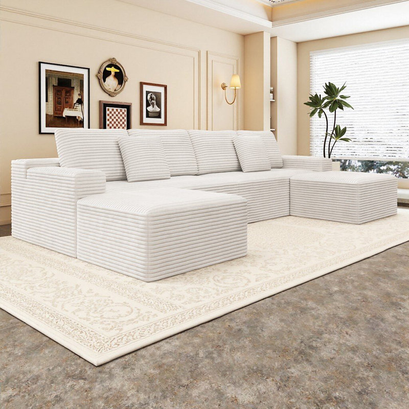 Koli 138" U-shaped Sectional Couch, Compression Modular Sofa for 6 Person, White Corduroy, White