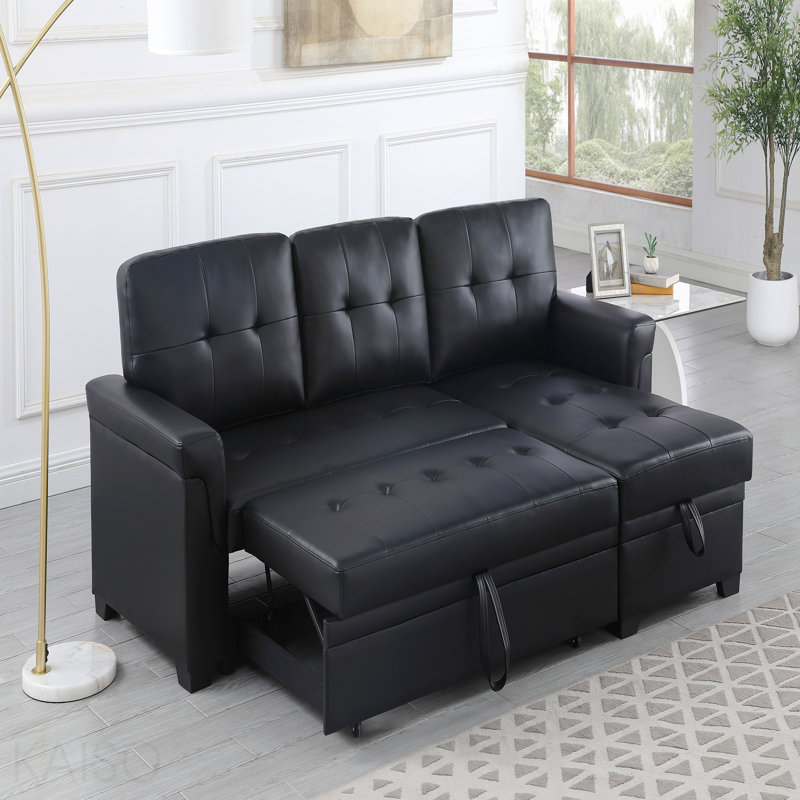 Canapé-lit modulaire réversible en cuir végétalien noir l 84 po avec méridienne de rangement