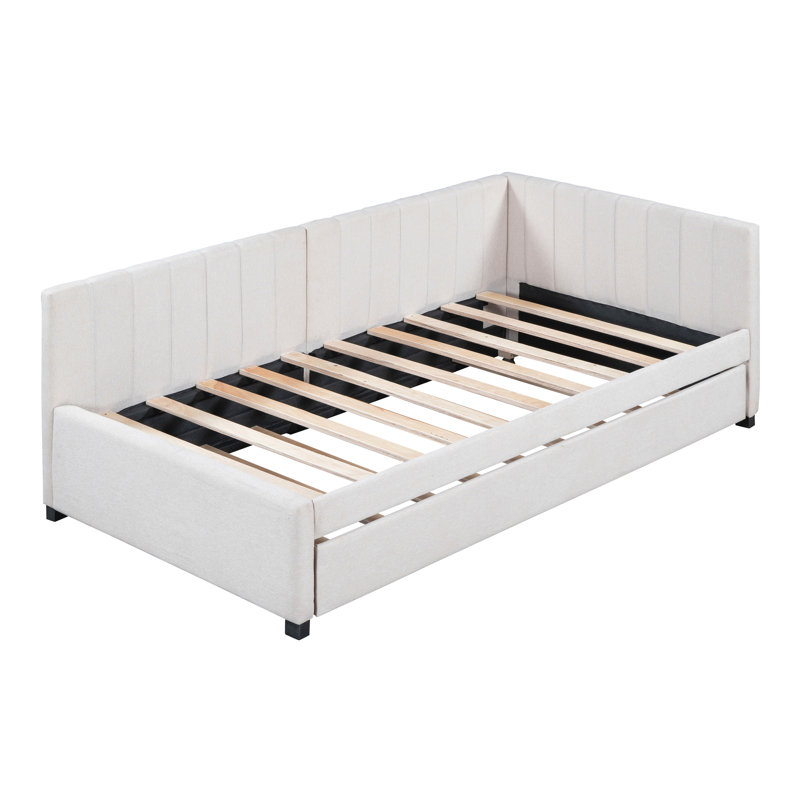 Upholstered Daybed with Trundle Twin Size Sofa Bed Frame No Box Spring Needed, Linen Fabric, Beige, Twin