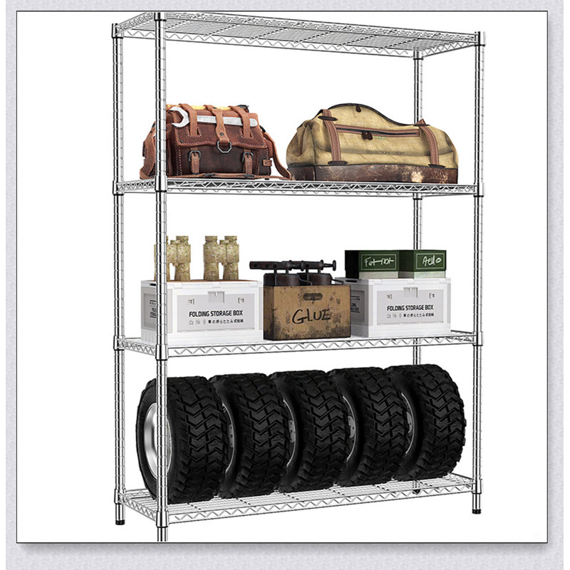 Unité de rangement robuste en métal à 4 tablettes réglables, idéale pour le garage et la cuisine, finition chromée, 15,8 po