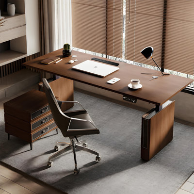 Walnut Finish Ash Wood Solid Wood Electric Height-Adjustable Standing Desk with Independent Drawer Cabinet
